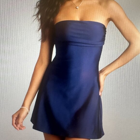 Adorable Navy Satin Strapless A-Line Mini dress -Size M- Brand New! - Picture 1 of 10
